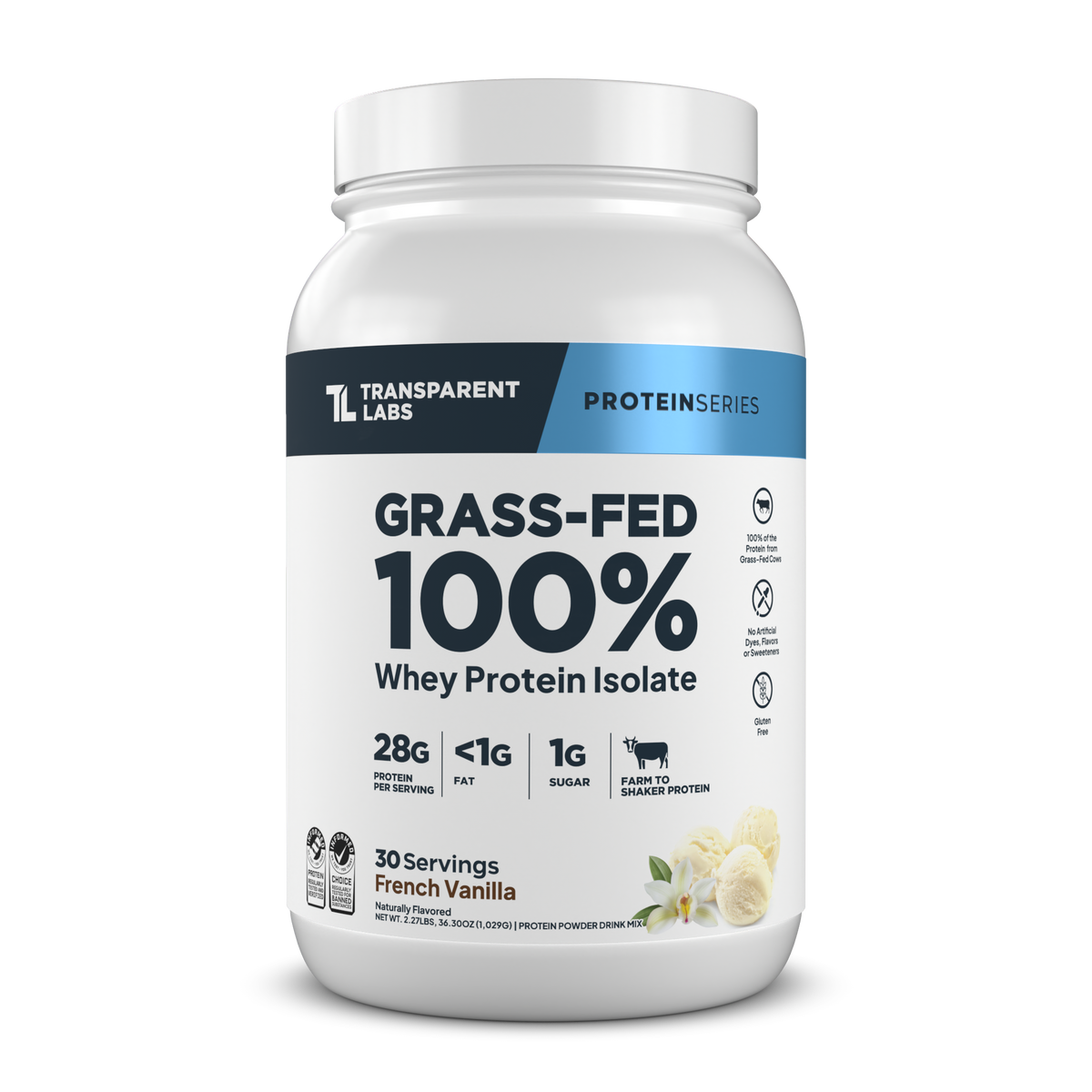 Transparent Labs Grass-Fed Whey Protein Isolate, French Vanilla, 2LB container