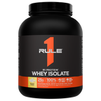 Front of a black protein powder tub with an orange stripe and brand logo