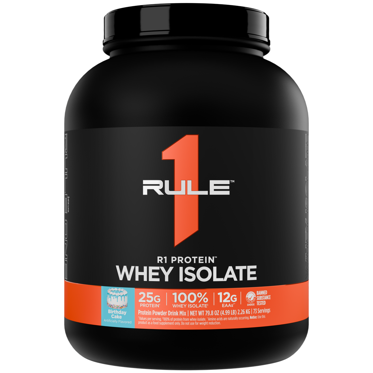 Black protein powder container with a black lid and an orange and white label displaying Birthday Cake flavor details