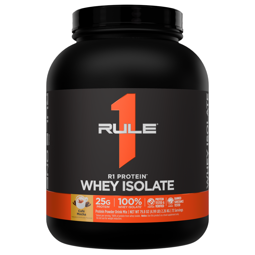 Front of a black protein powder tub with an orange stripe and brand logo
