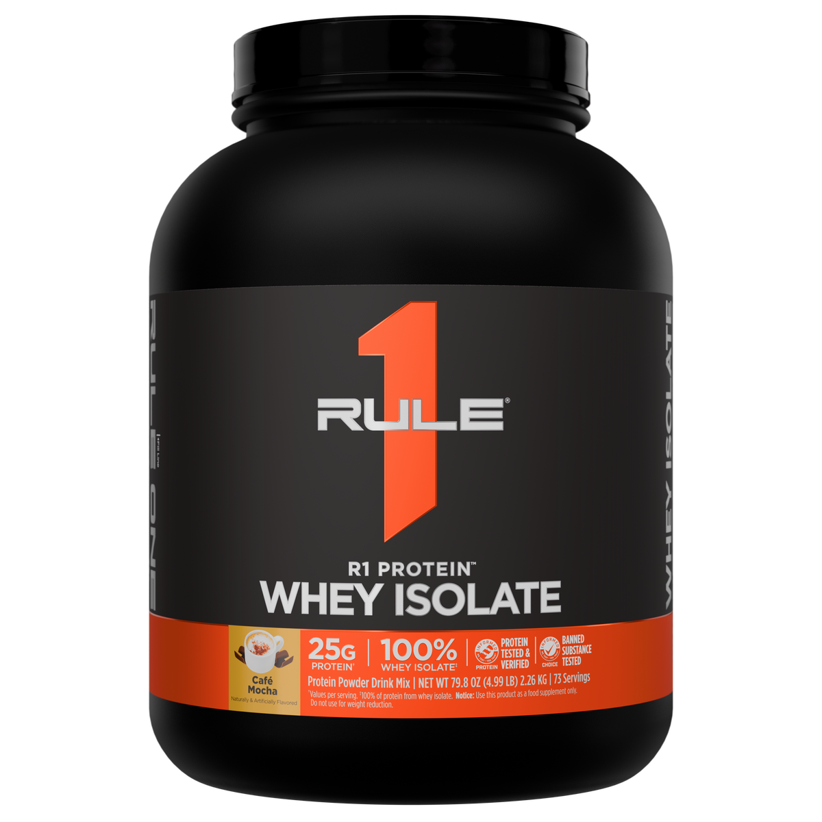 Front of a black protein powder tub with an orange stripe and brand logo