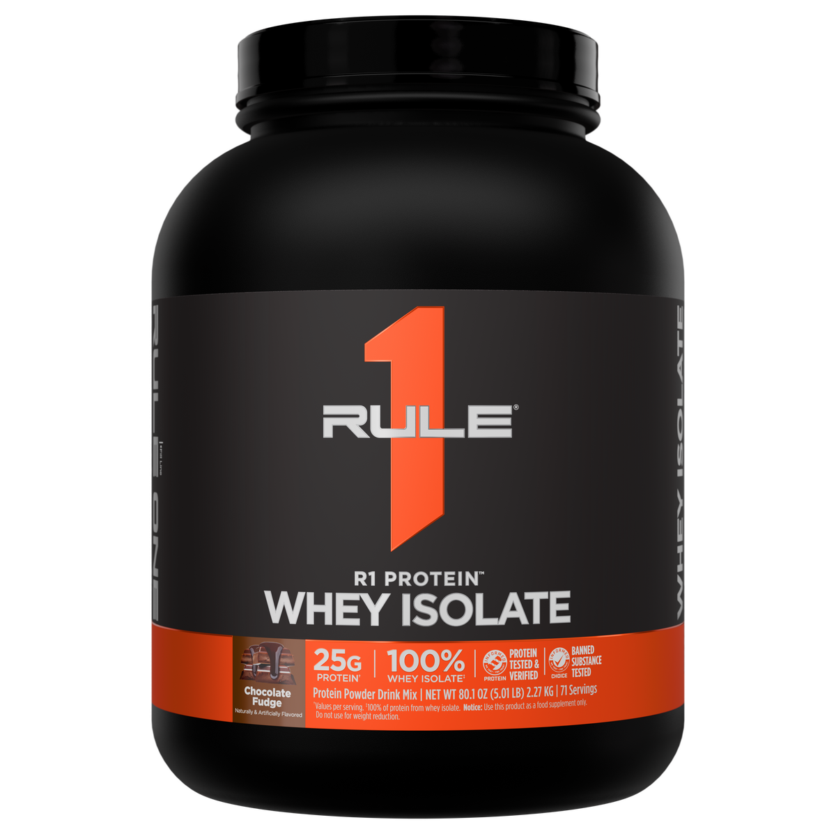 Front of a black protein powder tub with an orange stripe and brand logo