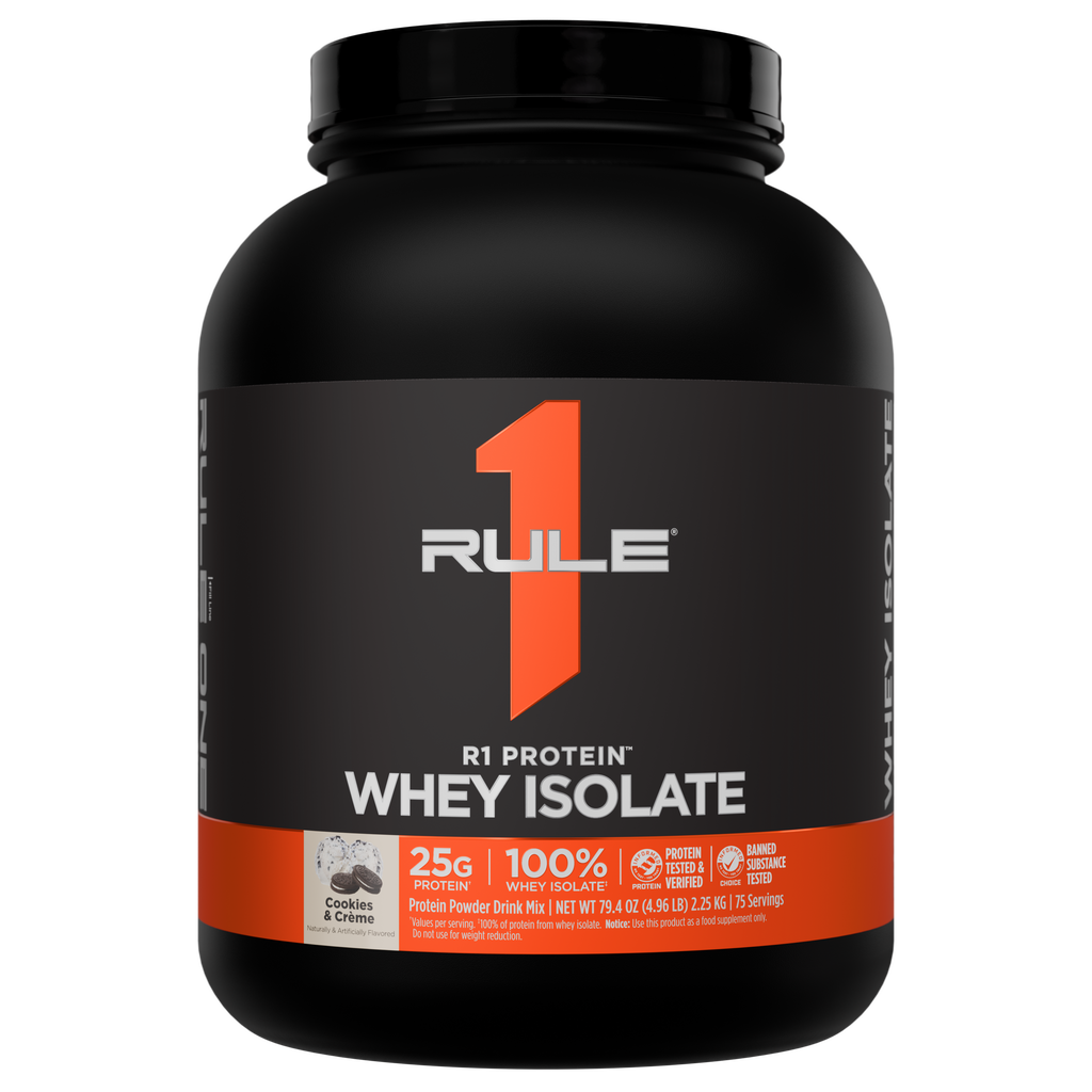 Black and orange container of Rule 1 Protein Whey Isolate in Cookies Creme flavor 79 4 oz
