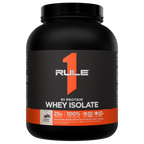 Black and orange container of Rule 1 Protein Whey Isolate in Cookies Creme flavor 79 4 oz