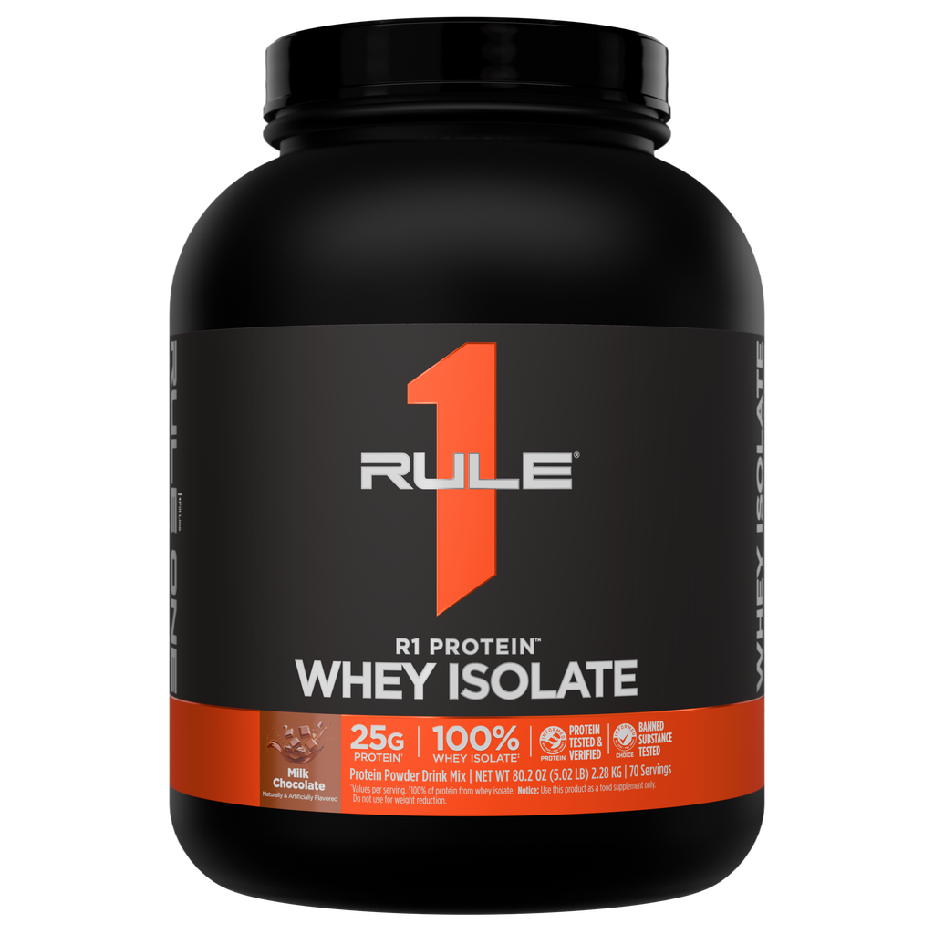 Black and orange container of Rule 1 Protein Whey Isolate in Milk Chocolate flavor 80 2 oz