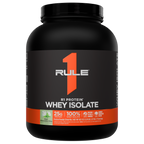 Black and orange container of Rule 1 Protein Whey Isolate in Mint Chocolate Chip flavor 80 1 oz
