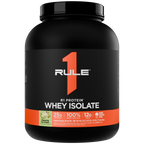 Large black tub of protein powder with an orange label displaying RULE 1 WHEY ISOLATE and nutritional facts