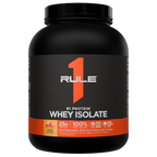 Front of a black protein powder tub with an orange band and the text WHEY ISOLATE