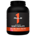 Front of a black protein powder tub with an orange band showing WHEY ISOLATE and Strawberries Crème