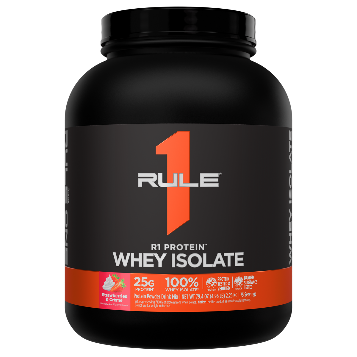 Front of a black protein powder tub with an orange band showing WHEY ISOLATE and Strawberries Crème